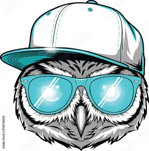 Cool owl with sunglasses and a cap, vector illustration