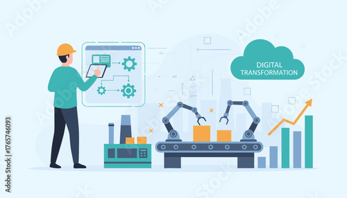Modern industrial automation concept with a worker in a hard hat using a tablet to control robotic arms on a conveyor belt, symbolizing digital transformation and business process optimization with a
