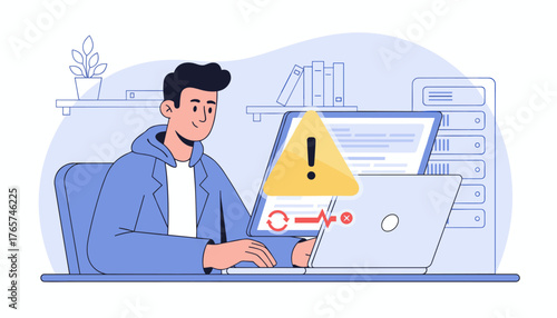 Young man, likely a businessman or IT staff, programmer, or developer, focused on his work at a desk with multiple computer screens displaying data and a prominent warning sign, symbolizing technical