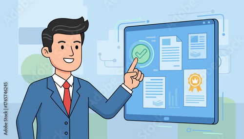 Businessman in a blue suit and red tie points to a digital tablet displaying approved documents, a checkmark icon, and a certificate, symbolizing successful business processes, digital verification