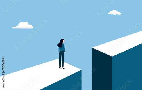 Take risk for opportunity to success, risky decision, determination or courage to overcome challenge concept, brave businessman winner jump over the cliff gap to reach success flag on other side.