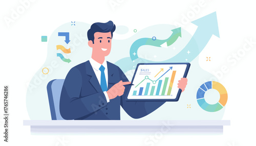 Dynamic illustration of a smiling businessman in a suit using a tablet to analyze sales data, with upward trending bar charts, line graphs, and a pie chart symbolizing business growth and financial