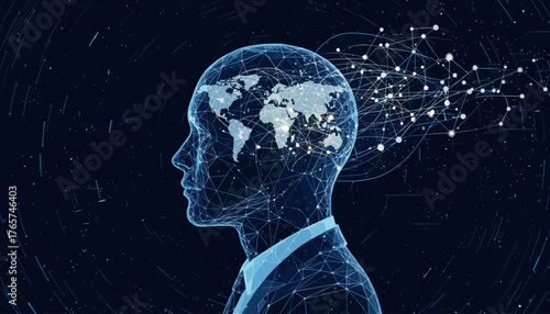 Abstract digital visualization of a businessman's head in profile, rendered as a glowing blue wireframe, overlaid with a world map and interconnected nodes, symbolizing global business networks, data