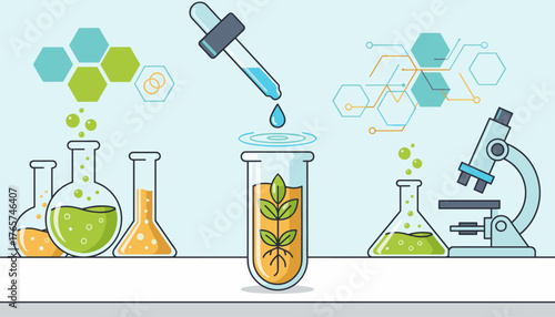 Vibrant illustration of a scientific experiment with a dropper adding a liquid sample to a test tube containing a plant, surrounded by beakers, a microscope, and abstract molecular structures