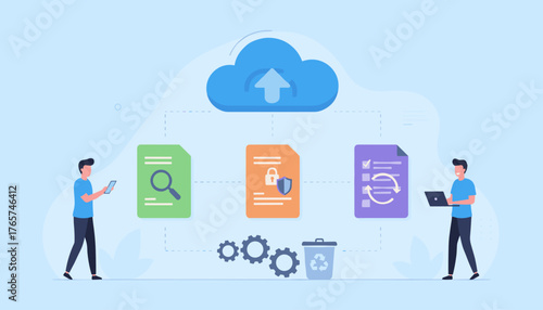 Modern flat vector illustration of a document management concept, showcasing cloud storage, data security, search functionality, and synchronization processes with people interacting via digital