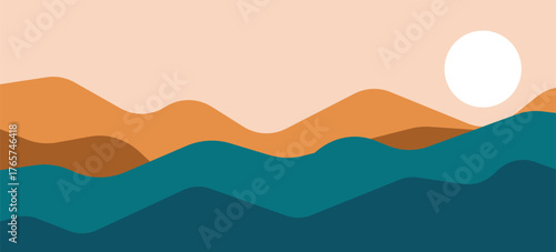 Minimalist Flat Design Landscape Background with Sunset and Wavy Mountains, Simple Outdoor Scenery