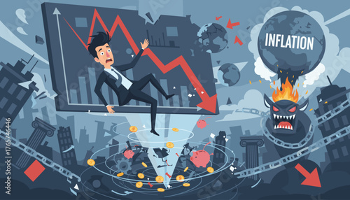 Dramatic illustration of economic collapse and financial crisis, with a businessman falling down a graph, coins swirling into a vortex, and a monstrous representation of inflation engulfing the world