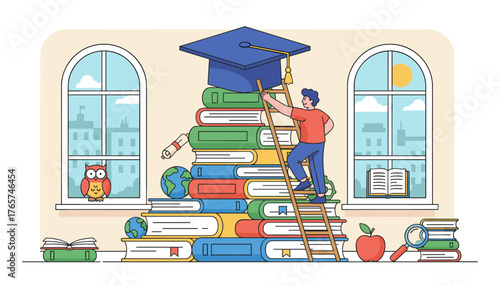 Vibrant illustration of a young man climbing a ladder stacked high with colorful books towards a graduation cap, symbolizing education, achievement, and college success, with an owl, globes, and an