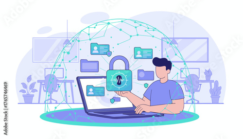 Digital security concept: A person uses a laptop with a padlock icon symbolizing confidentiality and data protection, surrounded by a network of connections and digital files in a modern office