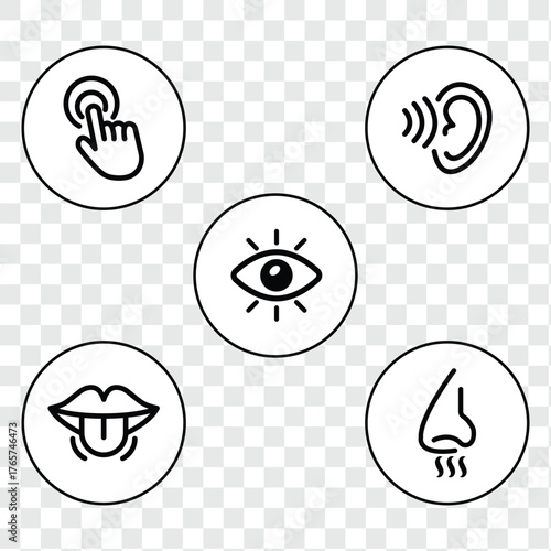 Five human senses editable stroke outline icons set isolated on white background flat vector illustration. eps 10