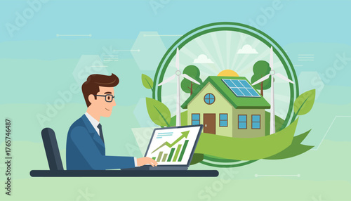 Man in suit analyzing eco-friendly energy efficiency improvements on laptop, with a green house featuring solar panels and wind turbines, symbolizing sustainable development and renewable energy