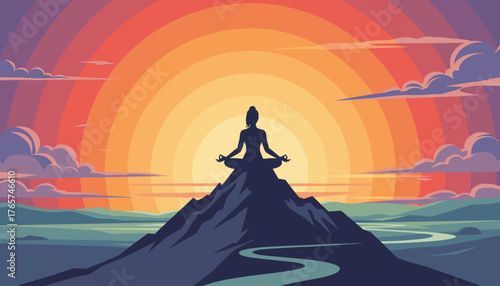 Serene female silhouette meditating in lotus pose atop a majestic mountain peak against a vibrant, multi-colored sunset sky, symbolizing peace, mindfulness, and spiritual connection with nature's