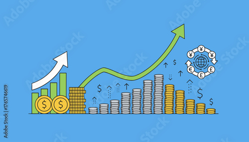 Vibrant illustration of a financial stock market graph with a green upward trend arrow, accompanied by stacks of gold and silver coins, symbolizing investment growth and economic prosperity