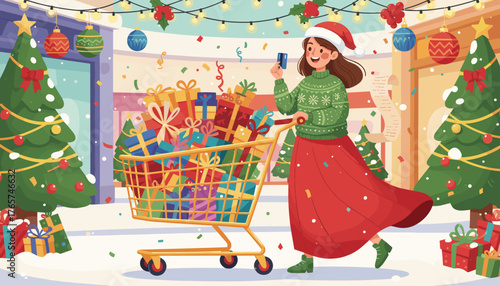 Joyful woman in Santa hat and festive sweater pushing a shopping cart overflowing with colorful Christmas gifts, credit card in hand, amidst falling confetti and decorated trees in a mall, capturing