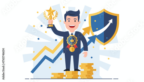 Successful businessman holding a golden star trophy, standing on stacks of coins, celebrating achievement with a shield and upward trending graphs, symbolizing success, recognition, and high