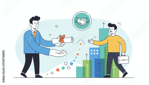 Two businessmen shaking hands over a contract, symbolizing a job offer and employment agreement, with a background of rising graph bars and city buildings, representing career growth and business