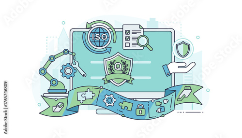 Modern flat design illustration of ISO standards, quality control, assurance, and warranty concepts, featuring a robotic arm, gears, puzzle pieces, a shield, a magnifying glass, a checklist, and a