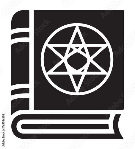 Grimoire vector icon black and white flat design illustration of a spell book with a star isolated on white background