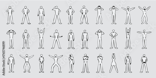 Collection of simple line drawing stick figure people in various poses and gestures against a plain background