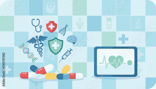 Modern medical background featuring a vibrant array of healthcare icons, including a stethoscope, DNA helix, caduceus symbol, brain, syringe, and various pills, alongside a digital tablet displaying