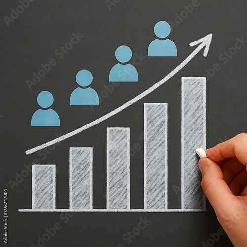 Hand drawing success chart with upward arrow and people icons representing teamwork career growth and leadership goals