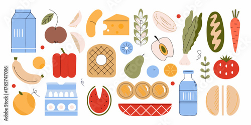 A vibrant and colorful collection of fresh food items and groceries arranged in a playful flat design style