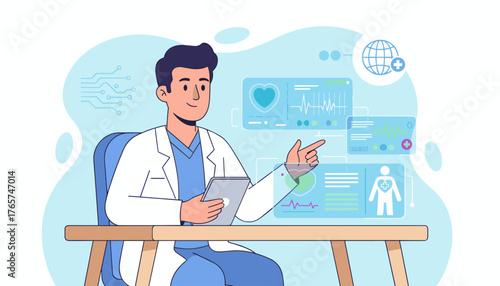 A smiling male doctor in a white lab coat sits at a desk, holding a tablet and pointing to a futuristic holographic display showing medical data, including heart rate, patient vitals, and a global