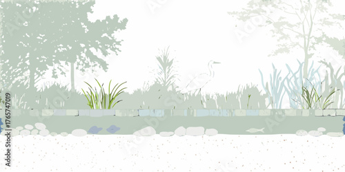 Serene wetland landscape with heron and fish in a stylized illustration