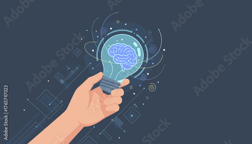 Conceptual illustration of a hand holding a lightbulb containing a stylized brain, symbolizing new ideas, innovation, and intelligence, set against a dark blue background with abstract geometric