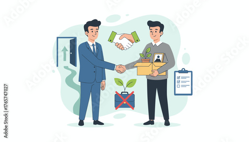 Businessmen shaking hands symbolizing successful offboarding process, one employee is leaving the company with a box of personal belongings and plants, representing new beginnings and growth, while