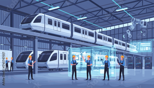 Modern industrial transportation engineers collaborating in a high-tech factory, overseeing the assembly of futuristic trains with robotic arms and holographic displays, showcasing advanced