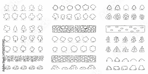Collection of hand drawn black and white architectural elements including various trees plants and stone textures