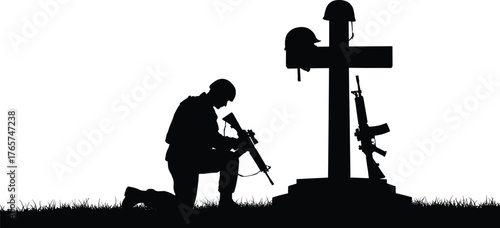 morial, fallen hero, rifle cross, helmet grave, military respect, mscnor, sacrid forces, tribute art, silhouette illustration, graaryt