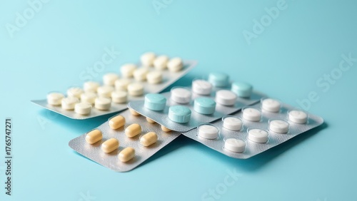 packages of medicines and pills on medical background with blister packs and capsules arranged in clean composition concept of healthcare, pharmacy, pharmaceutical industry