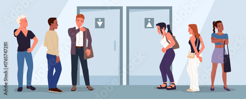 Men and women stand in separate queues outside restroom doors, showing impatience and discomfort in a modern public facility setting isolated vector illustration