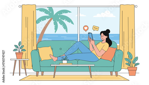 A young woman relaxes on a comfortable sofa, scrolling through social media on her smartphone, with a picturesque ocean view and a palm tree visible through the window, symbolizing digital connection