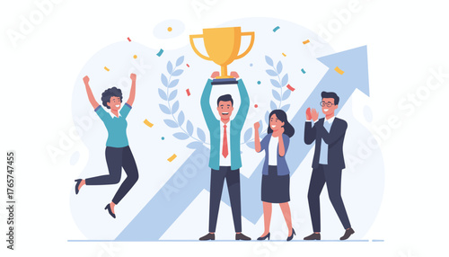 Diverse team celebrating a successful business achievement with a golden trophy, confetti, and a rising arrow graph symbolizing growth and victory, representing teamwork and accomplishment in a