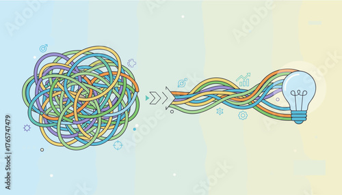 Abstract illustration symbolizing the process of untangling complex problems into clear solutions, represented by a chaotic tangle of colorful lines transforming into organized strands leading to a