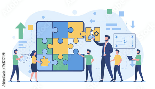 Vibrant illustration of a diverse team collaborating to assemble a large jigsaw puzzle, symbolizing problem-solving and strategic planning, with individuals placing pieces representing tasks, people