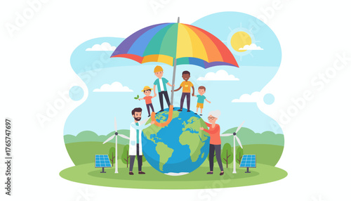 Vibrant vector illustration depicting diverse people of all ages working together under a colorful rainbow umbrella to protect the Earth, symbolizing global unity and environmental stewardship with