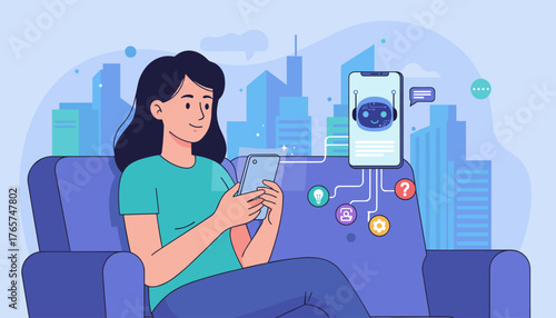 A young woman relaxes on a couch, engrossed in a conversation with an AI chatbot on her smartphone, with a stylized cityscape in the background, symbolizing modern technology and digital