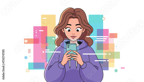 Vibrant illustration of a young woman engrossed in her smartphone, bathed in the colorful glow of abstract digital elements, symbolizing connection and modern communication in a dynamic, abstract