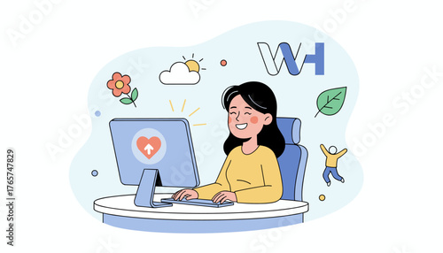 Joyful woman working on computer with heart icon and upward arrow symbolizing passion and job satisfaction, surrounded by nature elements like flowers and leaves, representing a positive and