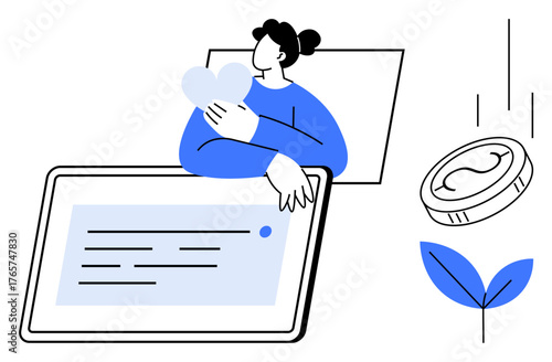 Woman holding heart icon near tablet, falling coin, and sprouting leaf. Ideal for charity, donations, finance, sustainability, digital support, environmental care simple flat metaphor
