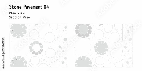 Architectural stone pavement design plan and section views with circular elements and textured surfaces