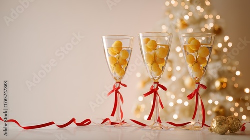 Wallpaper Mural Twelve grapes in the glasses. Christmas tree background. Traditional Spanish twelve grape berries to eat for good luck at midnight. New Year's Eve Torontodigital.ca