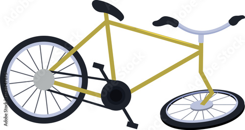 Broken bicycle with flat tire lying on ground, concept of accident, damage, and repair
