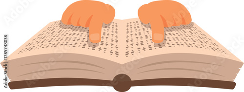 Two hands are reading a braille book, index fingers pointing at the raised dots on the page