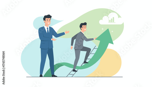 Business mentor coaching or consulting to help success, a man in a suit climbs a ladder on a green arrow pointing upwards, symbolizing career growth and achievement, with a cloud and graph in the