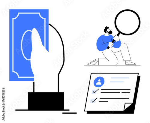 Hand holding money, person examining with magnifying glass, document checklist. Ideal for finance, transparency, investigation, financial planning, auditing personal identity accountability. Simple